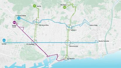 Mapa de las cinco primeras l&iacute;neas de la nueva red de autobuses de Barcelona.