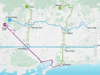 Mapa de las cinco primeras l&iacute;neas de la nueva red de autobuses de Barcelona.