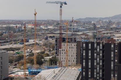 Obras de construcción de viviendas en el barrio La Marina de Port, en Barcelona.