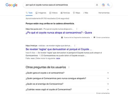 Google responde peor a la pregunta sobre el coyote y el corecaminos.