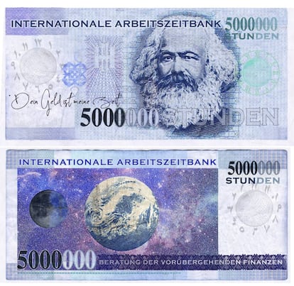 Billete del Banco Internacional de Tiempo con un valor de 5.000.000 de horas.