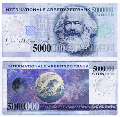 Billete del Banco Internacional de Tiempo con un valor de 5.000.000 de horas.
