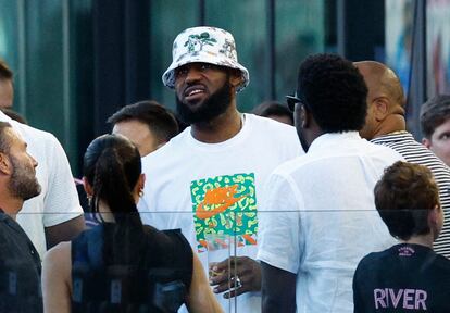 Lakers' LeBron James is seen before the match.