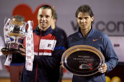 Horacio Zeballos and Rafa Nadal with their trophies after Sunday's final in Viña del Mar.