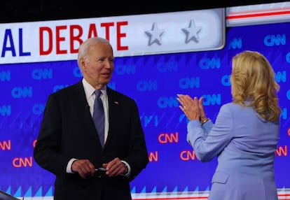 Democratic candidate Joe Biden is cheered on by his wife Jill Biden at the end of the debate. 