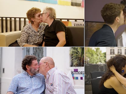 Cuatro parejas, Laura y Àngels, Javier y Guillermo, Llucià y Alpe, y Nerea y Ana, se dan un beso.
