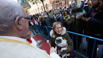 Una mujer lleva a bendecir a su perro con motivo de san Antón.