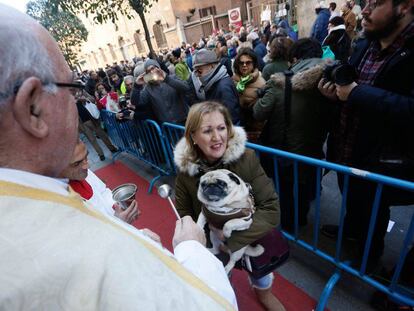 Una mujer lleva a bendecir a su perro con motivo de san Antón.