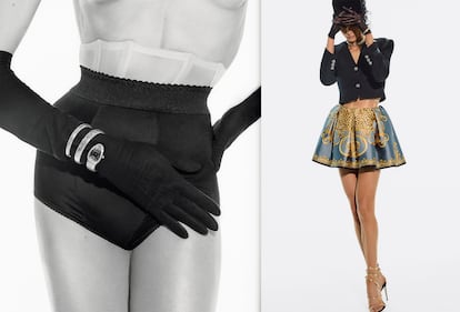 A la izda., culote de seda de DOLCE & GABBANA; guantes de GUANTE VARADÉ y reloj Serpenti Tubogas de dos vueltas con caja en acero inoxidable, bisel en oro rosa con diamantes, esfera negra opalescente y brazalete en oro rosa y acero inoxidable, de BVLGARI. A la dcha., chaqueta de lana y falda de seda estampada, ambas de VERSACE; sandalias Juniper de RENE CAOVILLA; guantes de tul de GUANTE VARADÉ; casquete de fieltro de MAISON VIVASCARRIÓN; collar Tubogas en oro amarillo con amatista, citrinio, peridoto, rubelita, topacio azul y pavé de diamantes, pulsera Tubogas en oro amarillo con topacio azul y pulsera Tubogas en oro amarillo con tachuelas de pavé de diamantes, todos de BVLGARI.