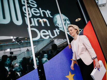 La presidenta de la Comisión Europea, Ursula von der Leyen, este lunes en la sede de la CDU en Berlin.