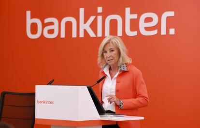 María Dolores Dancausa, consejera delegada de Bankinter, este jueves durante la rueda de prensa de resultados del tercer trimestre, en Madrid.