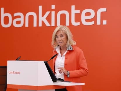 María Dolores Dancausa, consejera delegada de Bankinter, este jueves durante la rueda de prensa de resultados del tercer trimestre, en Madrid.