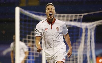 Nasri celebra su gol al Dinamo de Zagreb.