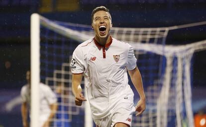 Nasri celebra su gol al Dinamo de Zagreb. 