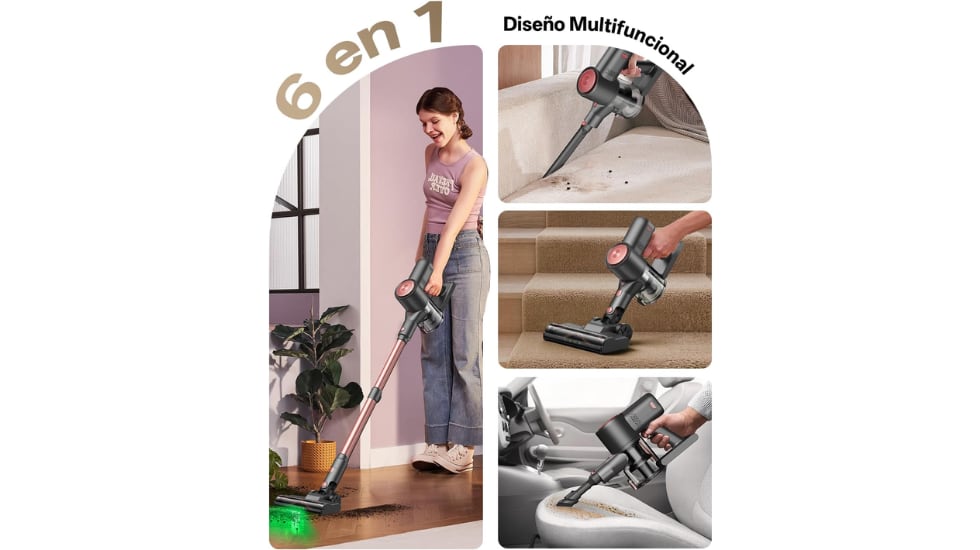 Con esta aspiradora sin cable se pueden limpiar alfombras, techos, muebles, etc.
