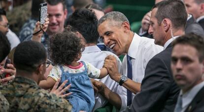El presidente estadounidense, Barack Obama, este viernes en la Marine Corps Air Station Iwakuni en Japón.