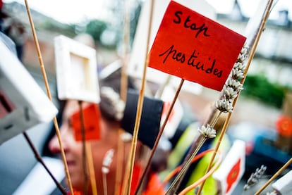 Muestras de apoyo al alcalde Daniel Cueff demandado por la administración francesa por su política antipesticidas en Rennes, en Francia, el 14 de octubre de 2019.