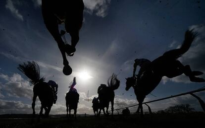 Corredores saltan por encima de una cerca en el hipódromo de Taunton, Inglaterra.