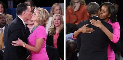 Mitt y Ann Romney (izquierda) y Barack y Michelle Obamma, el pasado pasado martes en Hempstead (Nueva York), donde se celebró el segundo de los debates presidenciales. Ambas esposas vistieron de rosa fucsia para sumarse al mes de la lucha contra el cáncer de mama