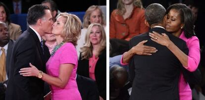 Mitt y Ann Romney (izquierda) y Barack y Michelle Obamma, el pasado pasado martes en Hempstead (Nueva York), donde se celebr el segundo de los debates presidenciales. Ambas esposas vistieron de rosa fucsia para sumarse al mes de la lucha contra el cncer de mama