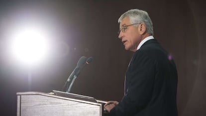 El secretario de Defensa, Chuck Hagel, durante su intervenci&oacute;n en el CSIS.