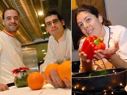 Los restauradores de Madrid que proponen para estas fiestas un menú del siglo XXI. Leonardo Gómez (a la izquierda), cocinero de Okra, y Sergio Felipe, en la cocina de este último, de El Chaflán. En la imagen de la derecha, Ana Gamboa, jefa de cocina de Alboroque.