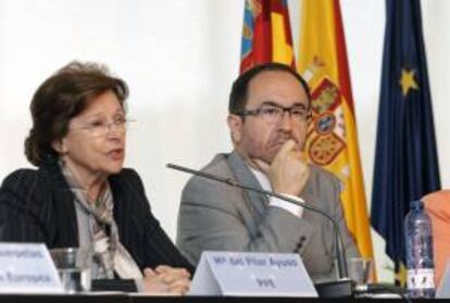 Los eurodiputados españoles, Pilar Ayuso (del PP) y Andrés Perelló (PSOE) durante la presentación, hoy en valencia, de la nueva directiva Europea sobre el tabaco.