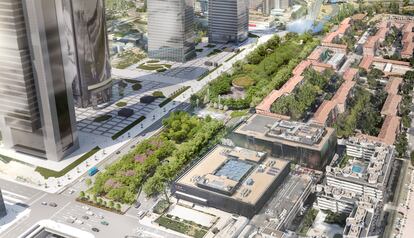 Recreación digital del futuro Parque Castellana, que soterrará un tramo del Paseo de la Castellana, junto a las cinco torres, cedida por el Ayuntamiento de Madrid.