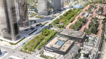 Recreación digital del futuro Parque Castellana, que soterrará un tramo del Paseo de la Castellana, junto a las cinco torres, cedida por el Ayuntamiento de Madrid.