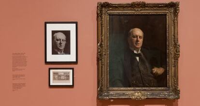 Retrato de Henry James por John Singer Sargent, que atacaron en mayo de 1914. A la izquierda aparece una foto del cuadro antes de su restauraci&oacute;n.
 