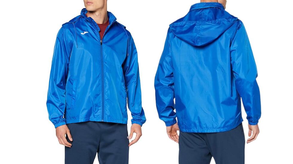 Vista frontal y trasera del chubasquero deportivo Joma para hombre, ya en oferta.
