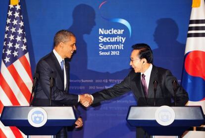 El presidente de Corea del Sur, Lee Myung-Bak y Barack Obama.