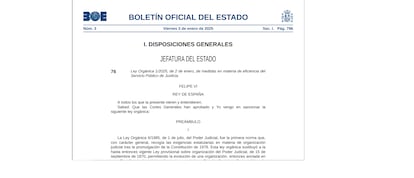 Imagen del BOE en la que se publica la Ley Orgánica 1/2025, de 2 de enero, de medidas en materia de eficiencia del Servicio Público de Justicia.