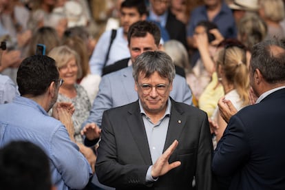 Carles Puigdemont durante un acto de campaña de JxCat en Colliure (Francia), el pasado viernes.