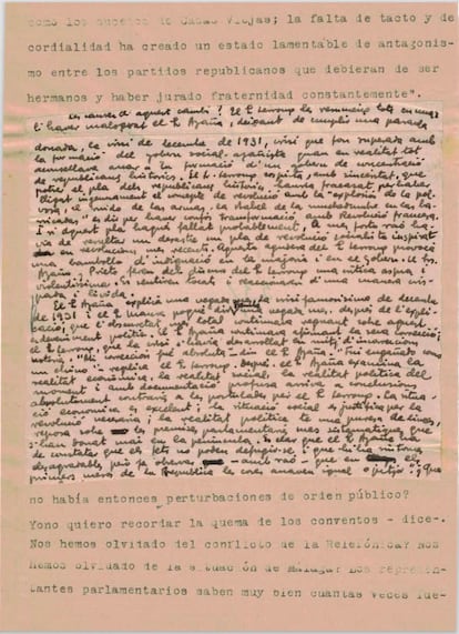 Manuscrito de Josep Pla, mecanografiado por Adi Enberg, para su libro 'Història de la Segona República Espanyola’.