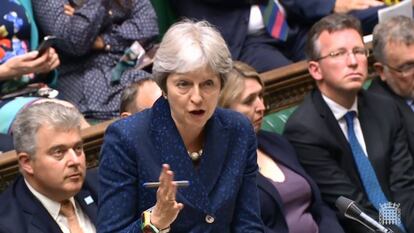 La primera ministra británica, Theresa May, este lunes en el Parlamento británico. AFP.