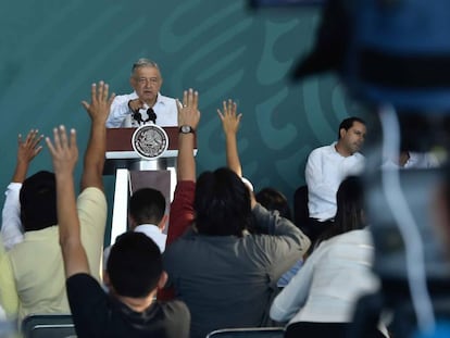 El presidente de México, Andrés Manuel López Obrador, durante una conferencia de prensa en el Estado de Yucatán.