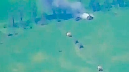 Frame from a video released by the Russian Defense Ministry that allegedly shows Ukrainian military vehicles at the frontline being repelled by Russian forces.