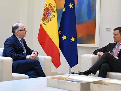 El presidente del Gobierno, Pedro Sánchez, durante la reunión de esta mañana en La Moncloa con el consejero delegado de IAG, Luis Gallego.