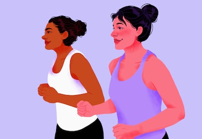 Smiling women friends exercising, jogging on purple background