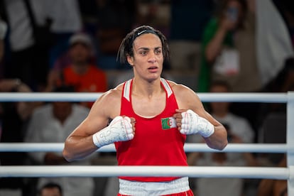 Imane Khelif after the final bout in which she won the Olympic gold medal this year.