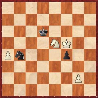 Las blancas ganaban con 50 a5. En lugar de ello, Niepómniachi jugó 50 Cg6 Cd5 51 Cxf4 Ce3+ 52 Re4 Cxg2 53 Cxg2 Rc5. Tablas.