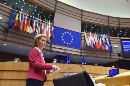 La presidenta de la Comisión Europea, Ursula von der Leyen, este miércoles durante su intervención en el Parlamento Europeo.