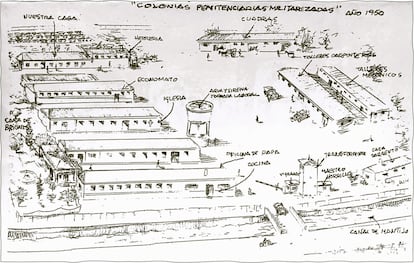 Dibujo de las Colonias Penitenciarias Militarizadas de Montijo, realizado de memoria por Pirrongell.