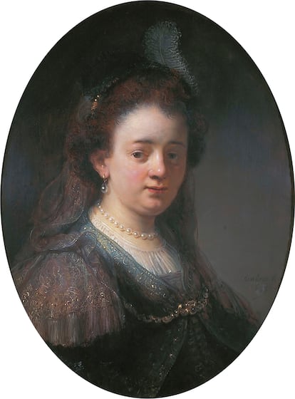 Saskia van Uylenburch (1612-1642), esposa de Rembrandt, en el atelier del pintor. Actualmente en posesión del Estado holandés.
