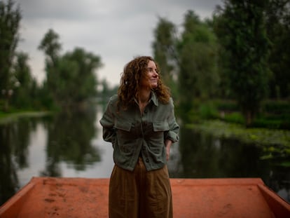 Elena Reygadas, on a barge passing through the Xochimilco canals, in Mexico City.