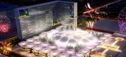 Recreación de uno de los hoteles del complejo junto a un jardín botánico.