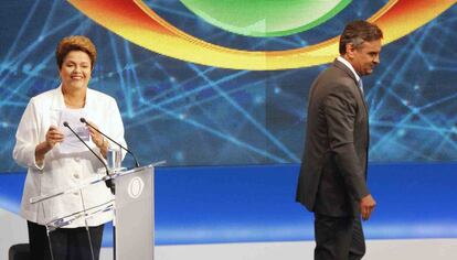 Dilma e Aécio no debate da Band no dia 14.