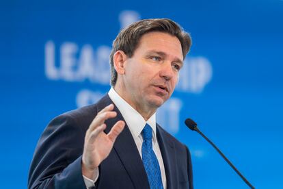 Florida Gov. Ron DeSantis speaks at the Heritage Foundation 50th Anniversary Celebration leadership summit, Friday, April 21, 2023, in Oxon Hill, Md