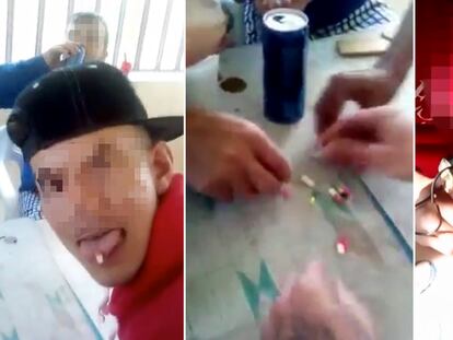 Imágenes de los vídeos en los que un grupo de presos de la cárcel de Monterroso (Lugo) consumen un cóctel de fármacos y realizan tatuajes.